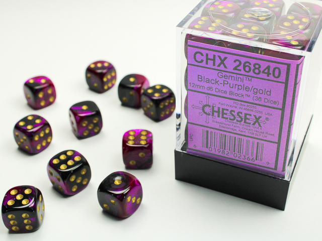 Dice: Chessex - Gemini - 12mm D6 (x36) - Black-Purple/gold
