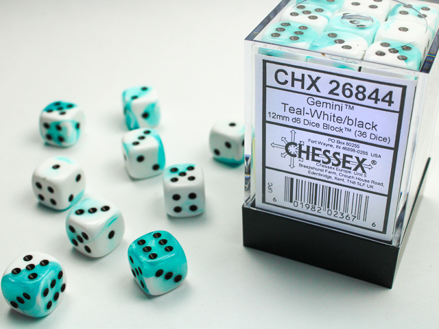 Dice: Chessex - Gemini - 12mm D6 (x36) - Teal-White/black
