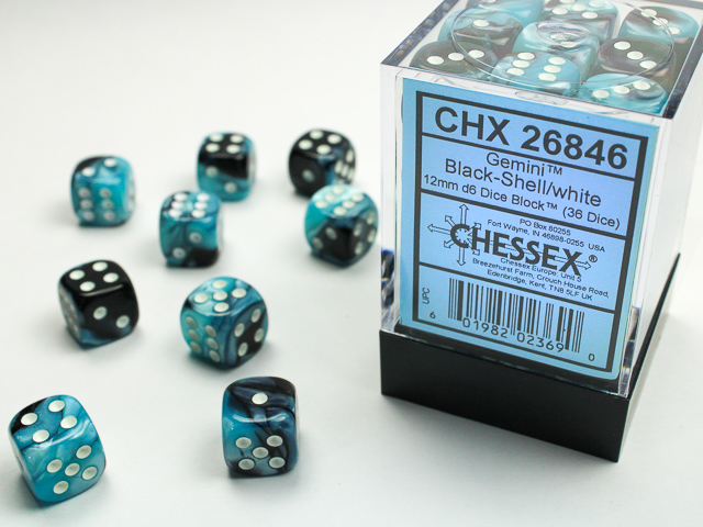 Dice: Chessex - Gemini - 12mm D6 (x36) - Black-Shell/white