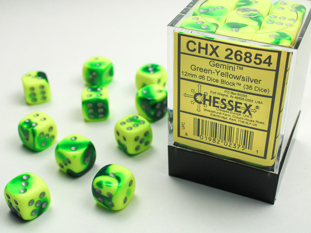 Dice: Chessex - Gemini - 12mm D6 (x36) - Green-Yellow/silver