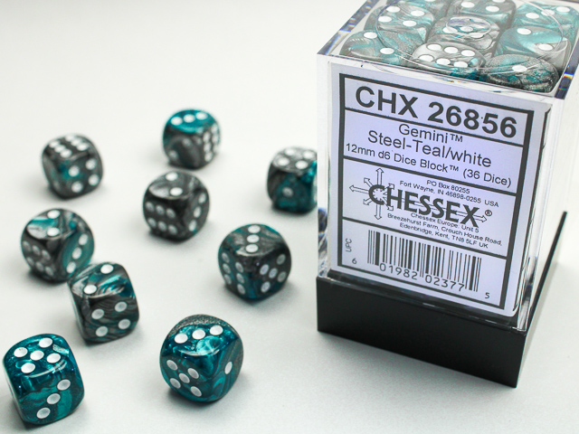 Dice: Chessex - Gemini - 12mm D6 (x36) - Steel-Teal/white