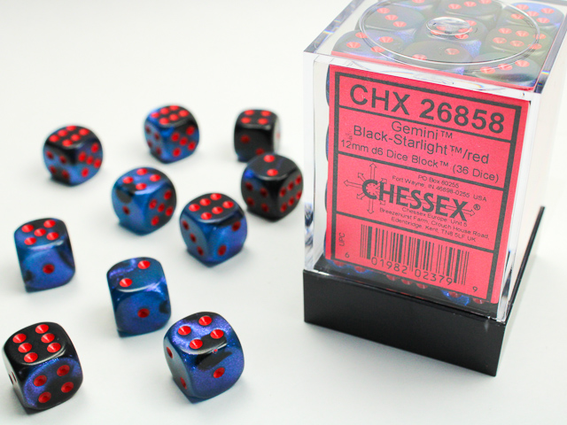 Dice: Chessex - Gemini - 12mm D6 (x36) - Black-Starlight/red