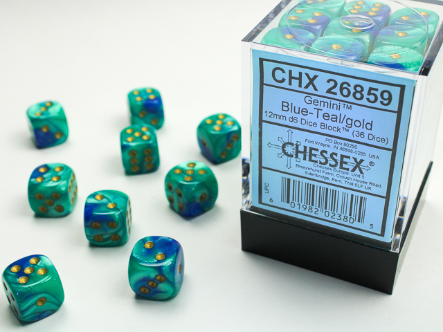 Dice: Chessex - Gemini - 12mm D6 (x36) - Blue-Teal/gold