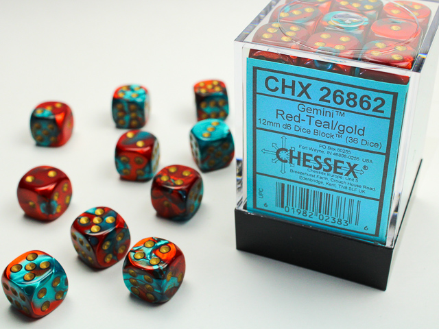 Dice: Chessex - Gemini - 12mm D6 (x36) - Red-Teal/gold