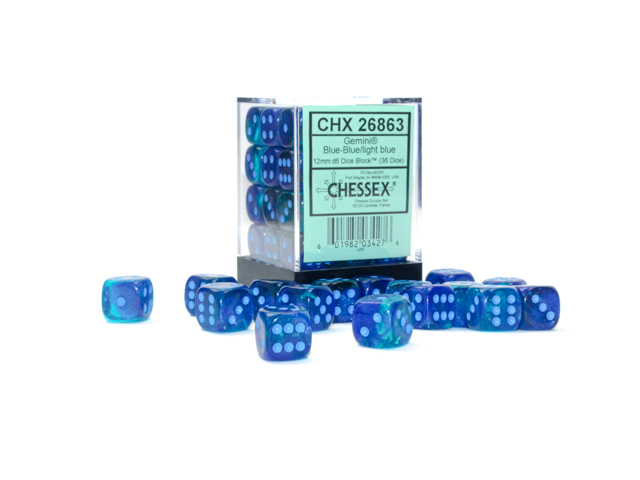 Dice: Chessex - Gemini, Luminary - 12mm D6 (x36) - Blue-Blue/light blue