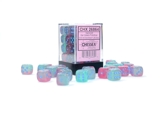 Dice: Chessex - Gemini Gel, Luminary - 12mm D6 (x36) - Green-Pink/blue