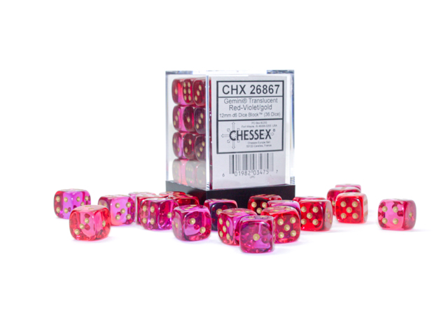 Dice: Chessex - Gemini - 12mm D6 (x36) - Translucent Red-Violet/gold