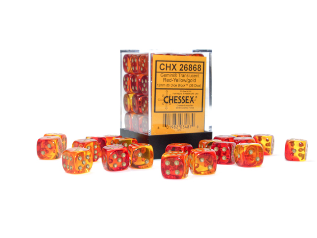 Dice: Chessex - Gemini - 12mm D6 (x36) - Translucent Red-Yellow/gold