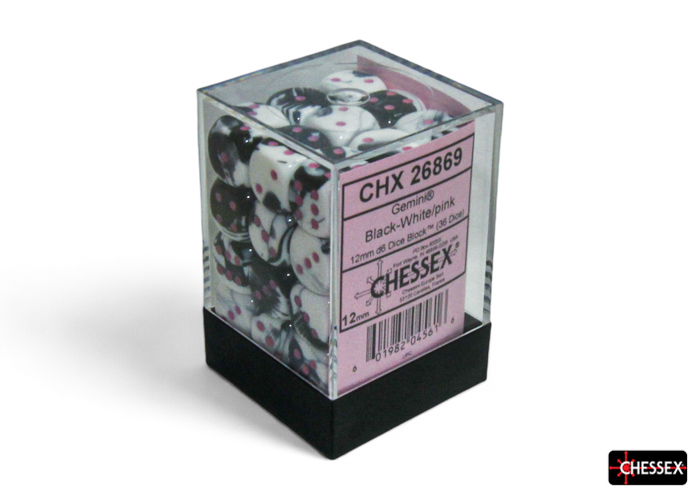 Dice: Chessex - Gemini - 12mm D6 (x36) - Black-White/pink
