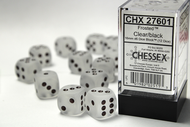 Dice: Chessex - Frosted - 16mm D6 (x12) - Clear/black