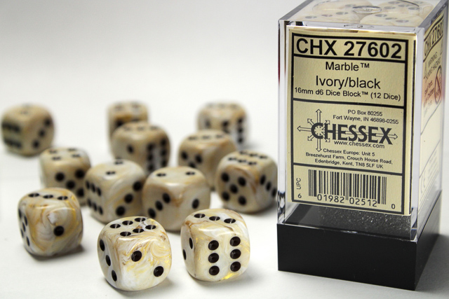 Dice: Chessex - Marble - 16mm D6 (x12) - Ivory/black