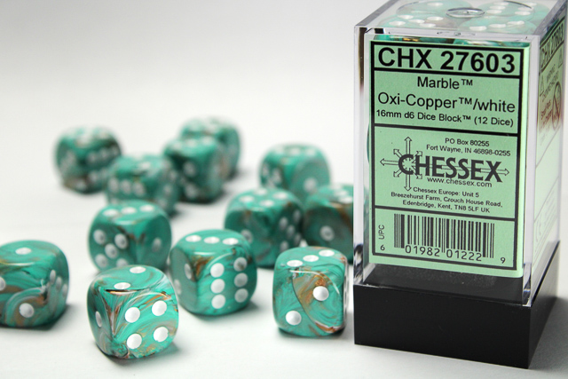 Dice: Chessex - Marble - 16mm D6 (x12) - Oxi-Copper/white
