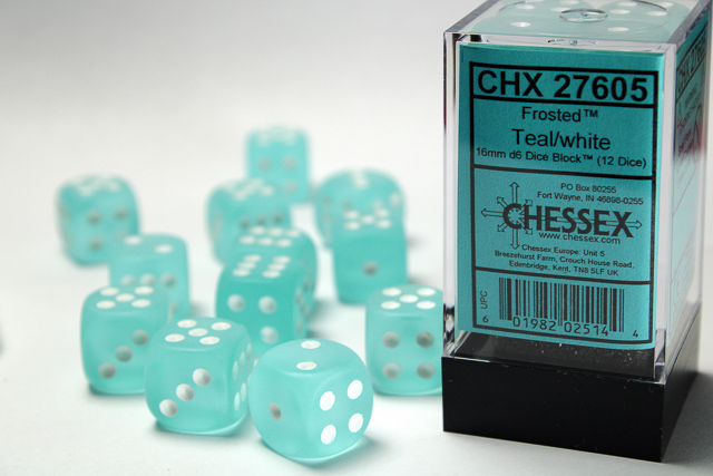 Dice: Chessex - Frosted - 16mm D6 (x12) - Teal/white