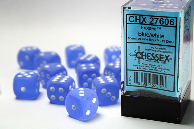 Dice: Chessex - Frosted - 16mm D6 (x12) - Blue/white