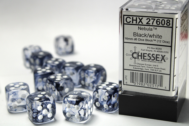 Dice: Chessex - Nebula - 16mm D6 (x12) - Black/white