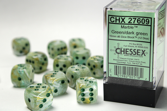 Dice: Chessex - Marble - 16mm D6 (x12) - Green/dark green