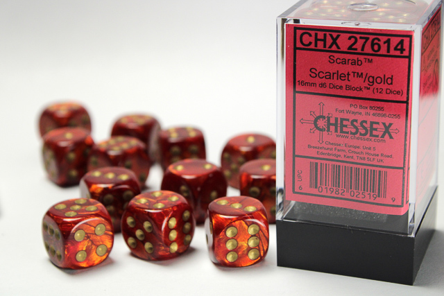 Dice: Chessex - Scarab - 16mm D6 (x12) - Scarlet/gold