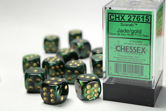 Dice: Chessex - Scarab - 16mm D6 (x12) - Jade/gold