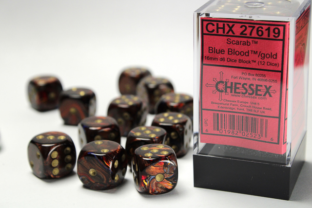 Dice: Chessex - Scarab - 16mm D6 (x12) - Blue Blood/gold