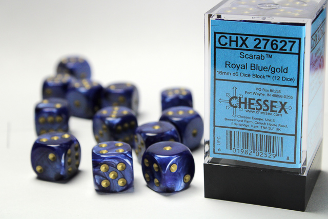 Dice: Chessex - Scarab - 16mm D6 (x12) - Royal Blue/gold