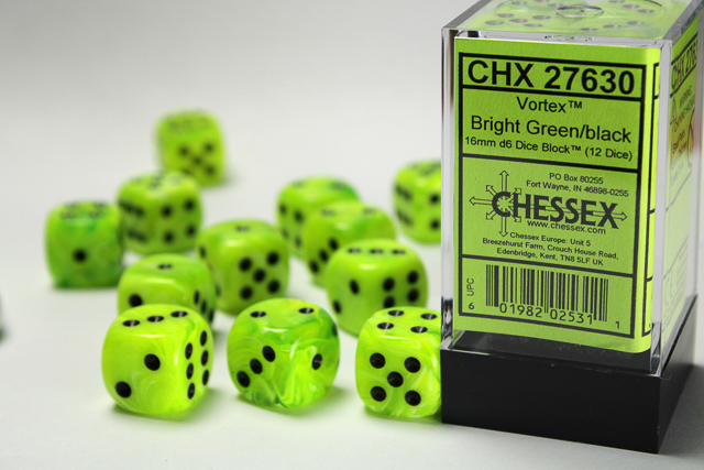 Dice: Chessex - Vortex - 16mm D6 (x12) - Bright Green/black