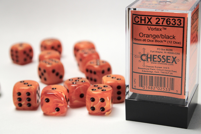 Dice: Chessex - Vortex - 16mm D6 (x12) - Orange/black
