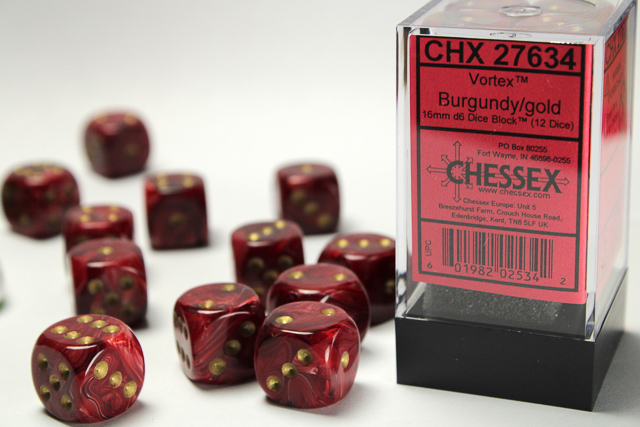 Dice: Chessex - Vortex - 16mm D6 (x12) - Burgundy/gold