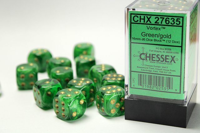 Dice: Chessex - Vortex - 16mm D6 (x12) - Green/gold