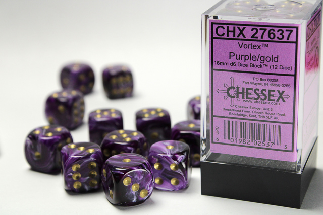 Dice: Chessex - Vortex - 16mm D6 (x12) - Purple/gold