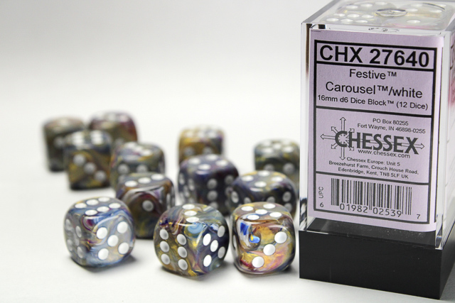 Dice: Chessex - Festive - 16mm D6 (x12) - Carousel/white