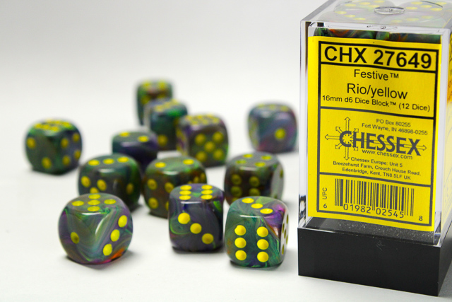 Dice: Chessex - Festive - 16mm D6 (x12) - Rio/yellow