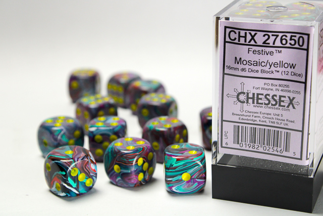Dice: Chessex - Festive - 16mm D6 (x12) - Mosaic/yellow