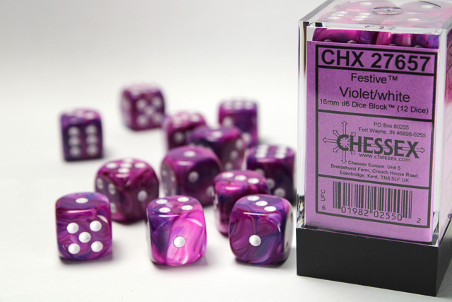 Dice: Chessex - Festive - 16mm D6 (x12) - Violet/white