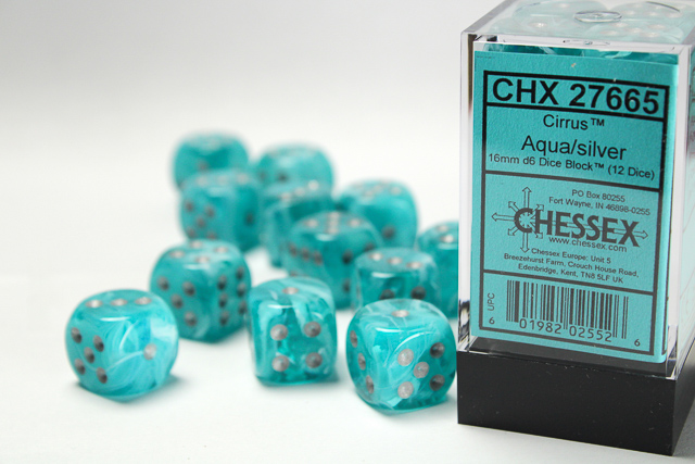Dice: Chessex - Cirrus - 16mm D6 (x12) - Aqua/silver 