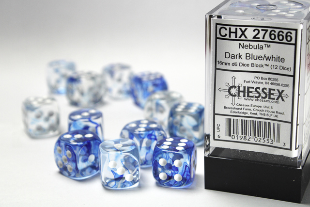 Dice: Chessex - Nebula - 16mm D6 (x12) - Dark Blue/white