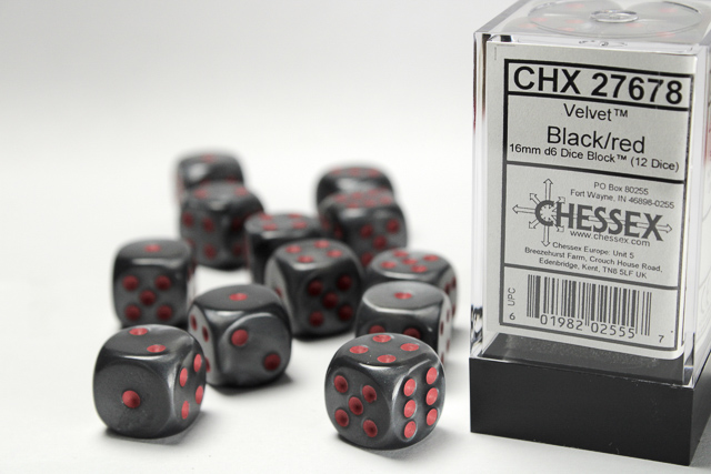 Dice: Chessex - Velvet - 16mm D6 (x12) - Black/red