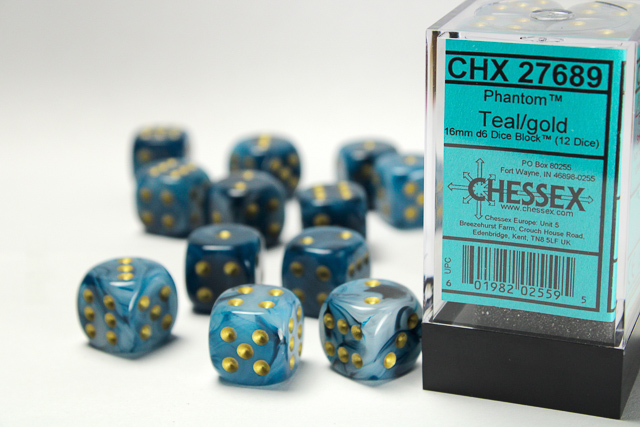 Dice: Chessex - Phantom - 16mm D6 (x12) - Teal/gold