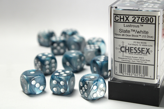 Dice: Chessex - Lustrous - 16mm D6 (x12) - Slate/white