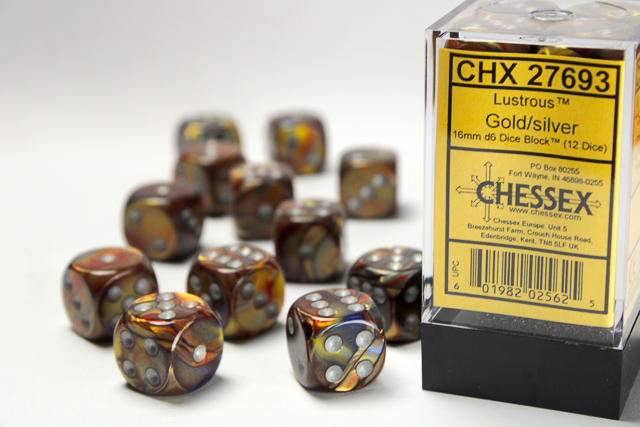 Dice: Chessex - Lustrous - 16mm D6 (x12) - Gold/silver