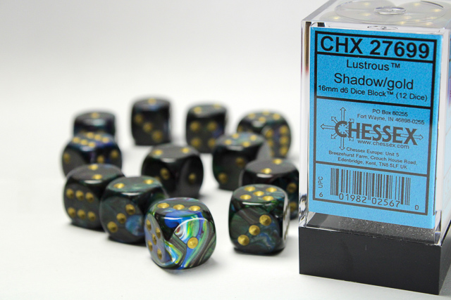 Dice: Chessex - Lustrous - 16mm D6 (x12) - Shadow/gold