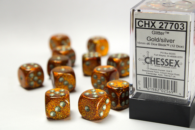 Dice: Chessex - Glitter - 16mm D6 (x12) - Gold/silver
