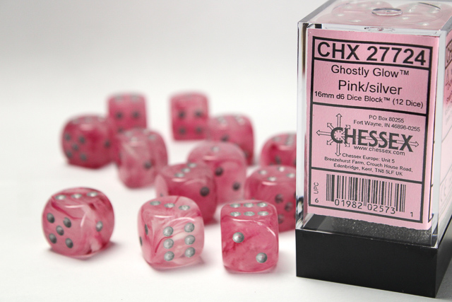 Dice: Chessex - Ghostly Glow - 16mm D6 (x12) - Pink/silver