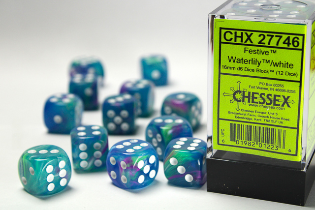 Dice: Chessex - Festive - 16mm D6 (x12) - Waterlily/white