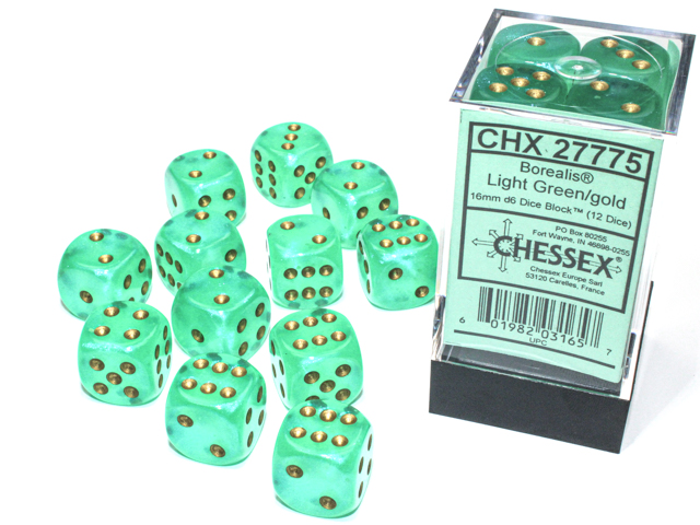 Dice: Chessex - Borealis, Luminary - 16mm D6 (x12) - Light Green/gold