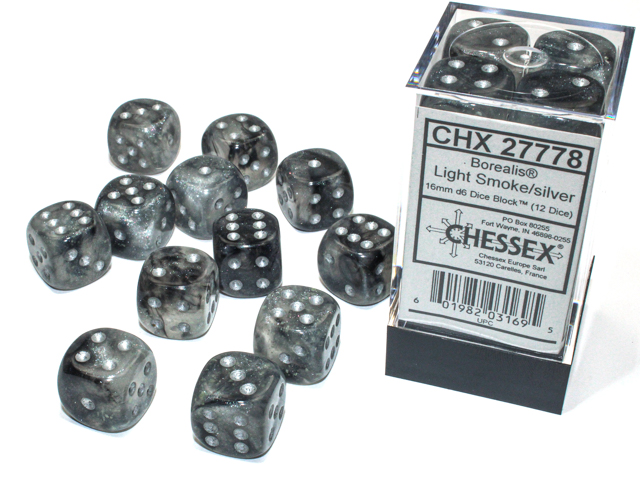 Dice: Chessex - Borealis, Luminary - 16mm D6 (x12) - Light Smoke/silver