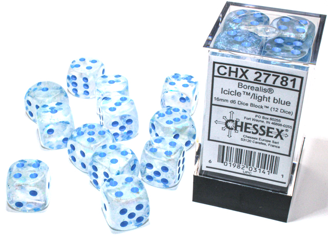 Dice: Chessex - Borealis, Luminary - 16mm D6 (x12) - Icicle/light blue