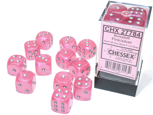 Dice: Chessex - Borealis, Luminary - 16mm D6 (x12) - Pink/silver
