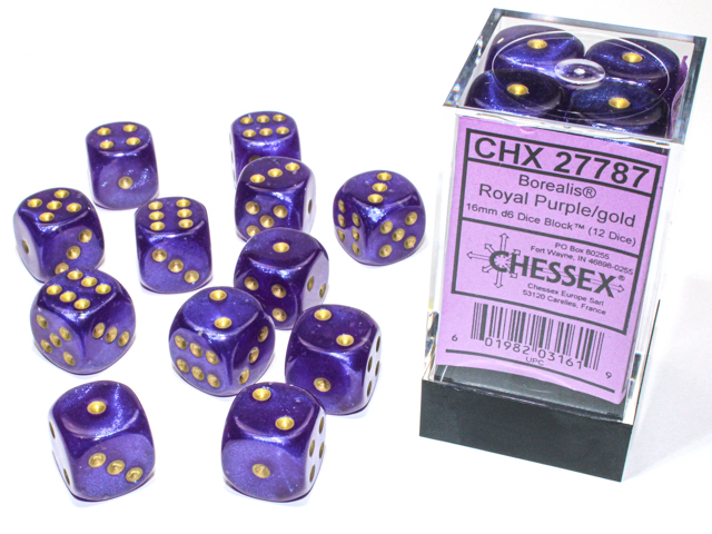 Dice: Chessex - Borealis, Luminary - 16mm D6 (x12) - Royal Purple/gold