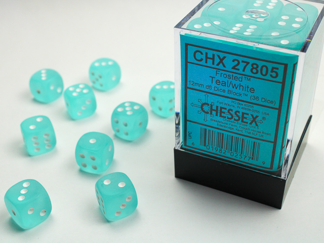 Dice: Chessex - Frosted - 12mm D6 (x36) - Teal/white