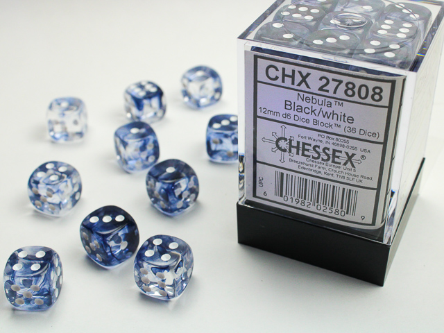 Dice: Chessex - Nebula - 12mm D6 (x36) - Black/white